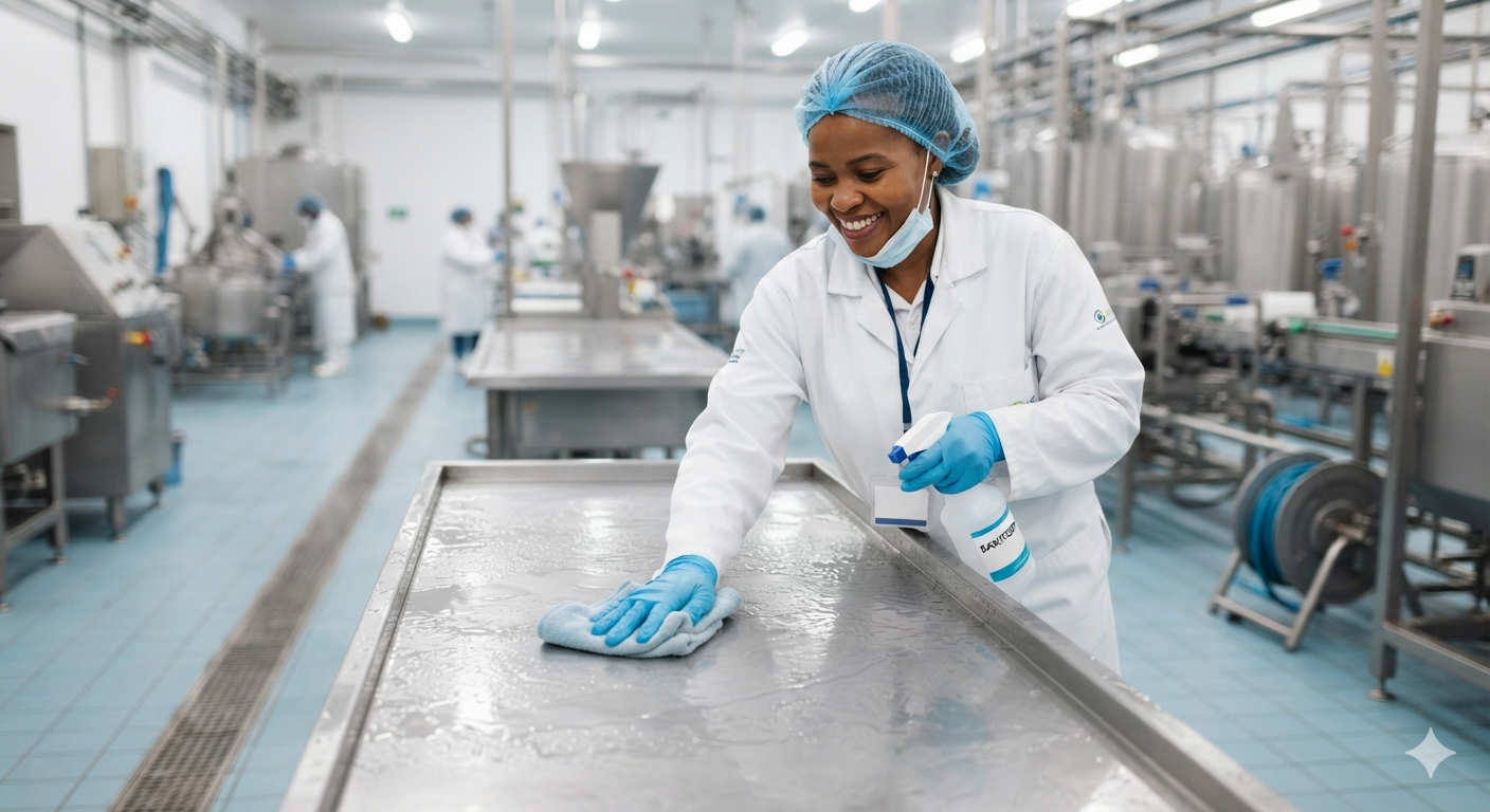 Food processing plant hygiene team sanitizing stainless steel equipment