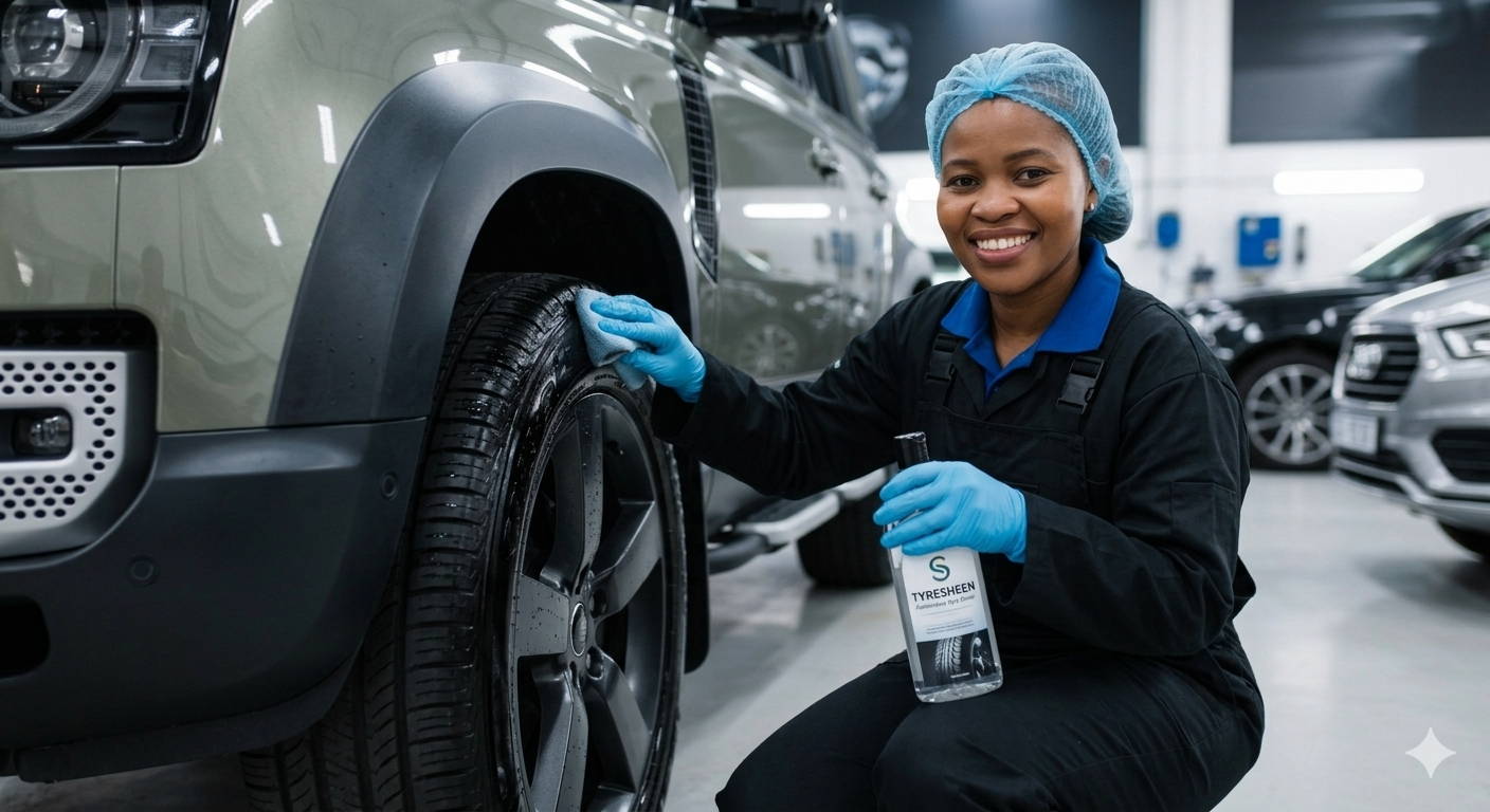 Technician applying TYRESHEEN tyre shiner to a vehicle wheel